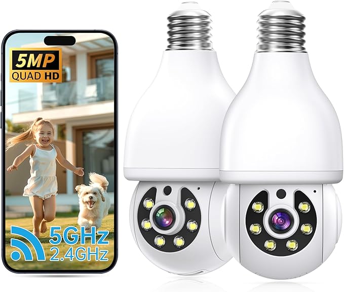 Light Bulb Security Camera 5G&2.4G WiFi Security Cameras Wireless Outdoor Indoor,360°Bulb Cameras for Home Security Outside Indoor,Motion Detection and Alarm,Two-Way Talk 2 Pack (5MP)