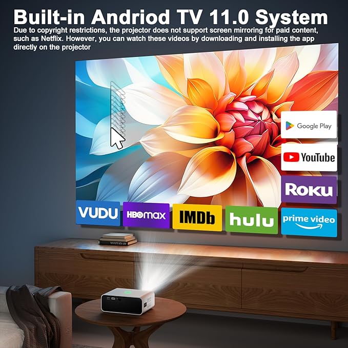 2024 Upgraded Smart Mini Projector with WiFi and Bluetooth – 4K HD Support, Auto Keystone, Electric Focus, Android 11 TV, Phone Control – Portable Home Theater for Indoor & Outdoor Movies