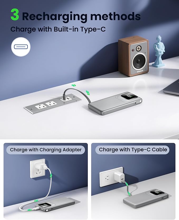 Portable Charger Power Bank with Built-in Type C Cables, 22.5W Fast Charging 10000mAh Phone Charger, Travel Battery Pack Slim Battery Bank with Smart LED Display for iPhone, Android & USB-C Devices