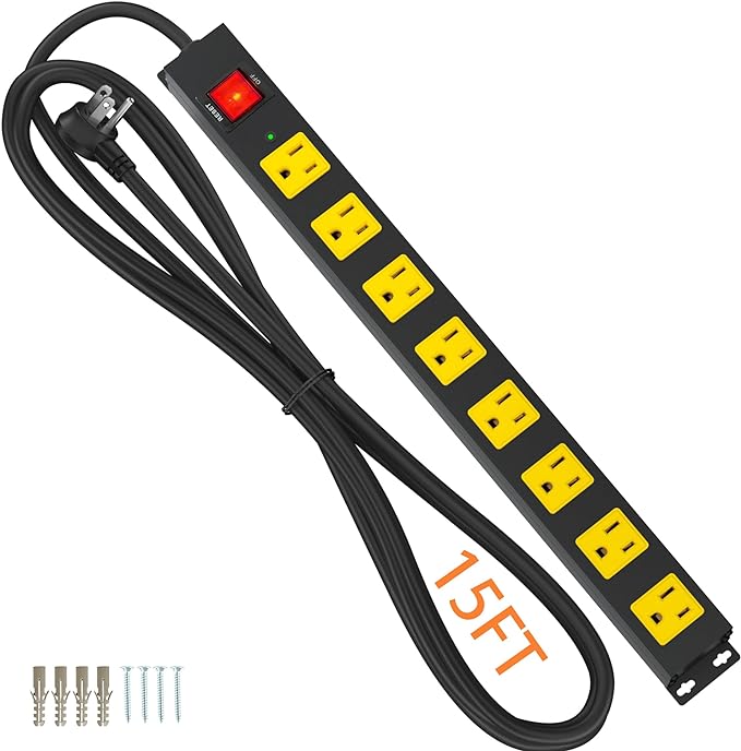 8 Outlet Power Strip 2100J Surge Protector, 15FT Heavy Duty Extension Cord Wide Spaced Outlet and Wall Mount Metal Powerstrip for Home Office Garage Workshop