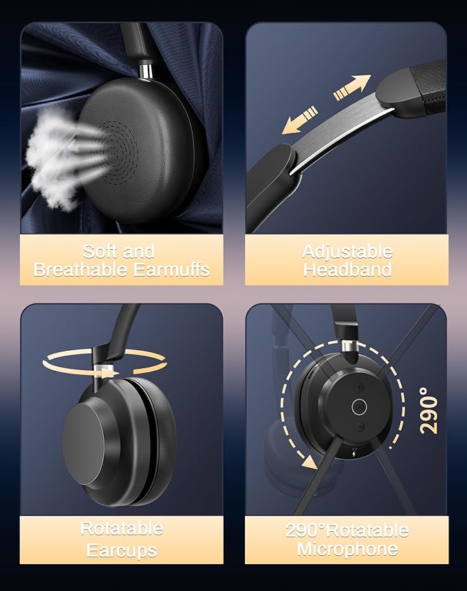 Wireless Headset with Mic for Work-Bluetooth Over Ear Headphones with Microphone,Noise Cancelling with Mute & USB Dongle for Computer/Phones/Remote Work/Call Center,Lightweight All Day Comfort