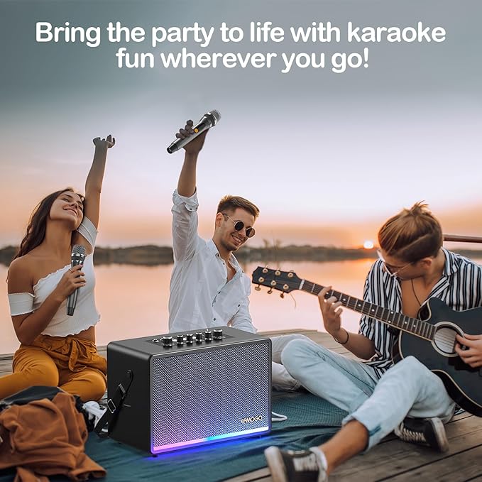 Portable Bluetooth Speaker with 2 Wireless Mics | 70W Peak Deep Bass Birchwood Cabinet | Bluetooth PA System for Outdoor Camping, Backyard| Dynamic LED Lights, USB/AUX/OTG, Rechargeable Battery(Black)