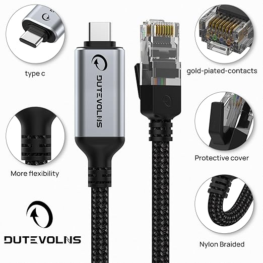 USB C to Ethernet Cable 3.3FT, Type C to RJ45 Nylon Cord, Gigabit Directly Connected, Compatible for MacBook Pro, iPad Pro, Smartphone, Laptop, PC