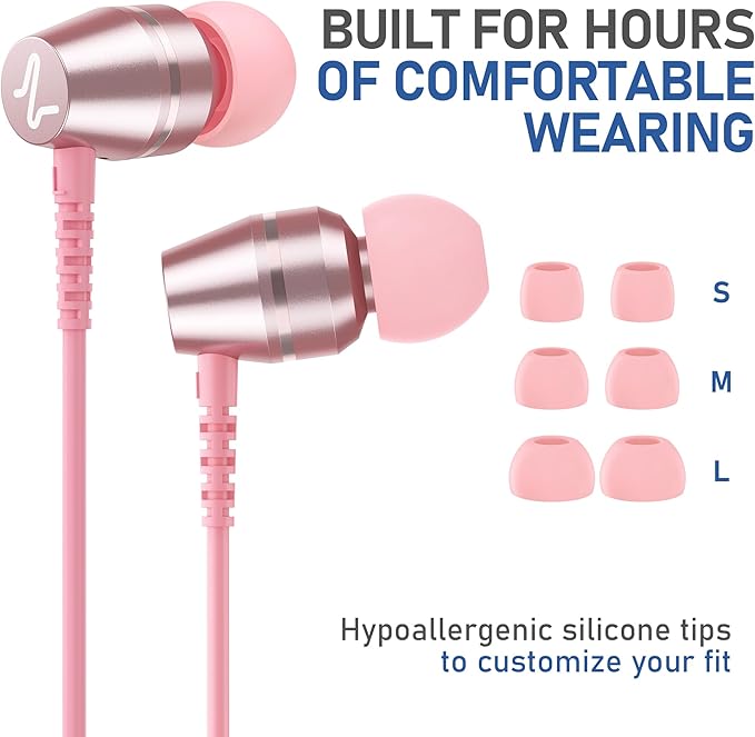 LUDOS OMNITONE Wired Earbuds in-Ear Headphones, 5 Years Warranty, Earphones with Microphone, 3.5 mm Jack Corded Ear Buds, Videoconference for iPhone, Samsung, Laptop, Kids, School Students - Pink