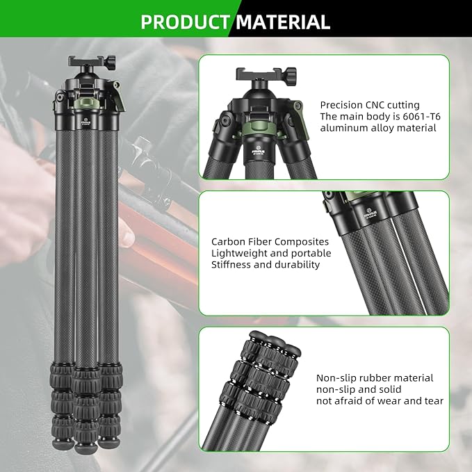 FANAUE Carbon Fiber Tripod with 360° Ball Head & Arca-Swiss Quick Release, Adjustable Legs, Max Load 44lb/20kg, for Hunting and Outdoors Photography