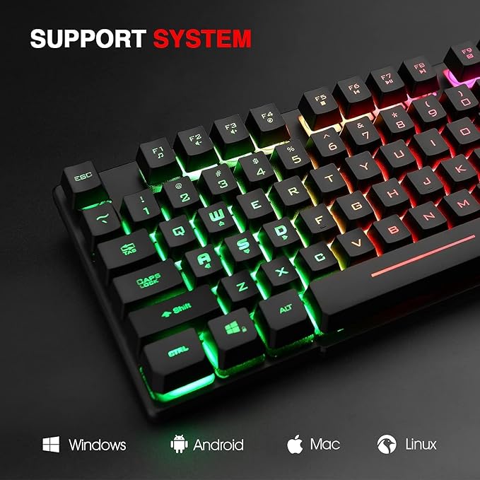 Rii RK100+ Multiple Color Rainbow LED Backlit Large Size USB Wired Mechanical Feeling Multimedia PC Gaming Keyboard,Office Keyboard for Working or Primer Gaming,Office Device