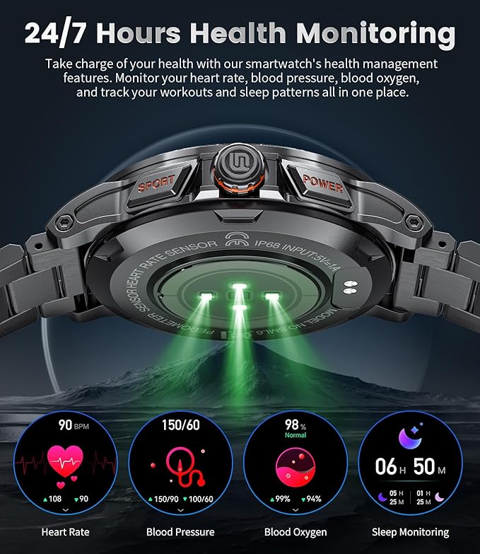 Military Smart Watch for Men(Answer/Dial Calls),1.46'' AMOLED Touchscreen/5ATM Waterproof/120+ Sports Modes Fitness Watch with Blood Pressure/Heart Rate/SpO2/Pedometer for Android iOS Smartwatch Black