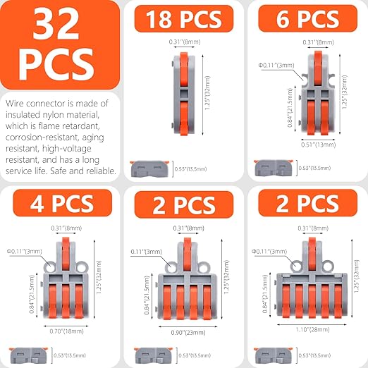 32Pcs Lever Wire Connectors, DIY Mini Compact Splicing Assortment Quick Electrical Connector Kit for 24-12 AWG