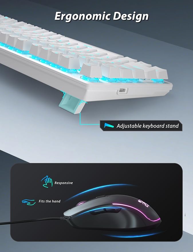 Mechanical Gaming Keyboard and Mouse, 98 Keys LED Backlit Keyboard with Floating Keycap, Ergonomic RGB Gaming Mouse with Mouse Pad Combo, Full Anti-Ghost Wired Keyboard for PC Laptop Gamer, White