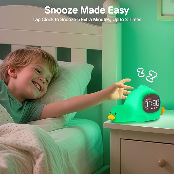 Alarm Clock for Kids with Night Light, Sleep Training Clock Time to Wake Clock, Rechargeable Silicone Light for Bedroom, Perfect Sleep Companion for Boys Girls, Laying Duck
