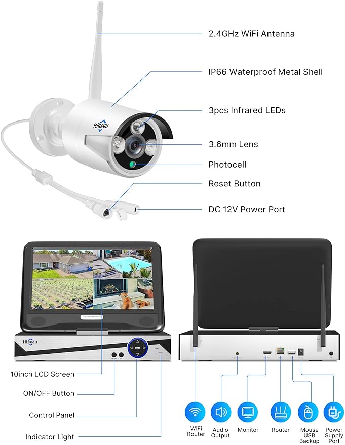 [16CH Expandable] Hiseeu Wireless Security Camera System with 10in LCD 4K Monitor, 4Pcs 5MP Outdoor Indoor Cameras with One-Way Audio, Waterproof, Motion Detect, 1TB HDD/Cloud Storage