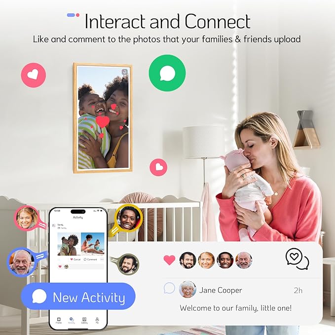 NexFoto Touchscreen Large Digital Picture Frame 32 Inch, FHD 1920 * 1080 WiFi Digital Photo Frame 64GB, Add Photos from Google Photos, Upload Videos Instantly, Wall Mountable, for Housewarming, Wood