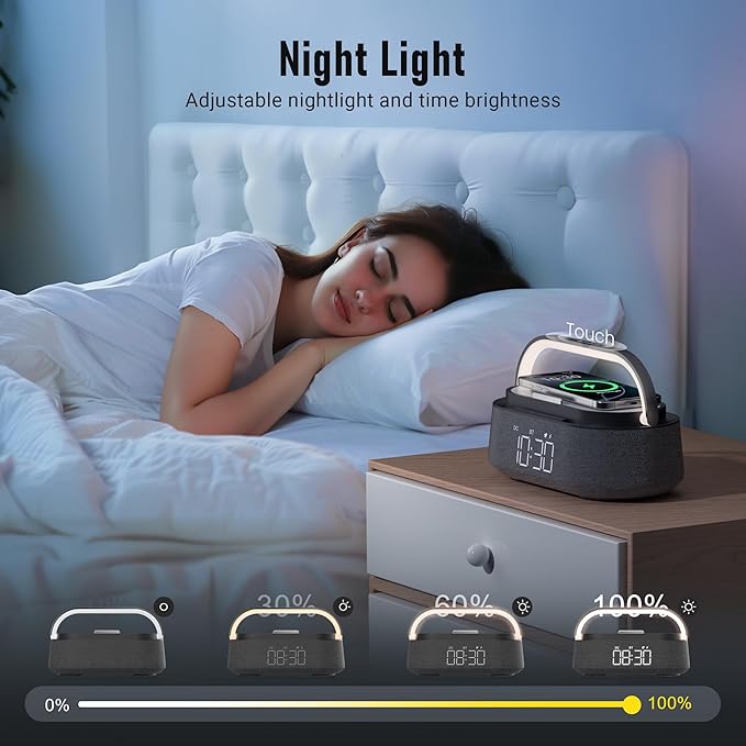 FREEFISH Bluetooth Speaker with Fast Wireless Charger,FM Radio,Touch LED Night Light,Phone Holder,Snooze, Portable Wireless Speaker for Bedrooms Office Home, Gifts (Black)