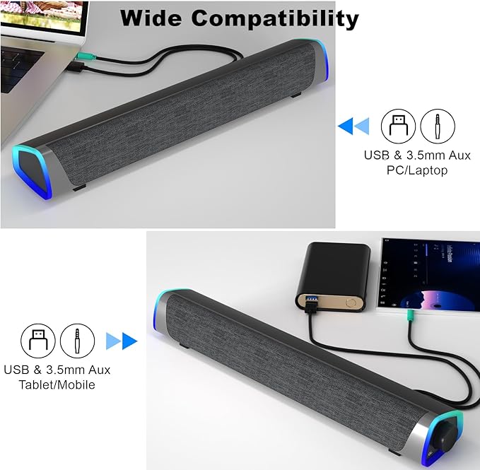 SOULION R30 Computer Speakers, Colorful LED Lights with Switch Button, Surround Sound Portable Computer Sound Bar Speakers for Desktop, Gray