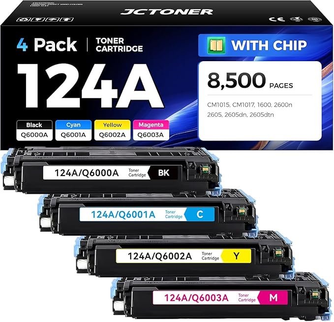 124A Toner Cartridge Set 4-Pack High Yield Replacement for 124A Q6000A Q6001A Q6002A Q6003A Compatible with Color Laserjet MFP CM1015 CM1017 1600 2600n 2605 2605dn 2605dtn Printer Ink Black Copy