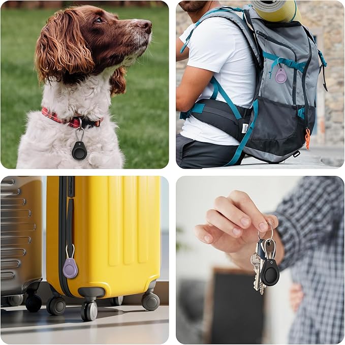 Waterproof AirTag Holder - (4 Pack) Air tag Lock Keychain with Wire Cable Compatible with Apple AirTags, Ultra Durable Anti-Lost Protective Case for Luggage, Key, Backpack,Black/Violet