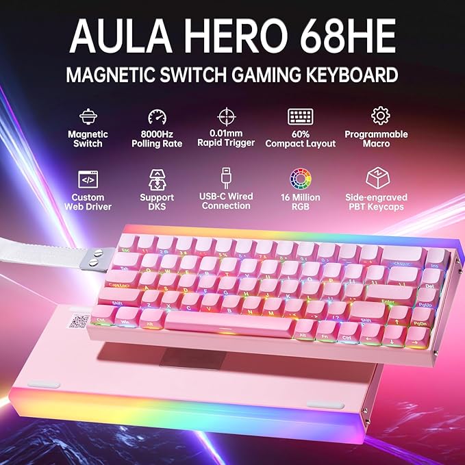 x AULA HERO 68HE Gaming Keyboard,Wired Mechanical Keyboards RGB Backlit Portable 68 Keys Hall Effect Magnetic Ultra-Compact 8K Hz Polling Rate MDA Keycaps Mini Keyboard for PC Laptop Mac Windows Gamer
