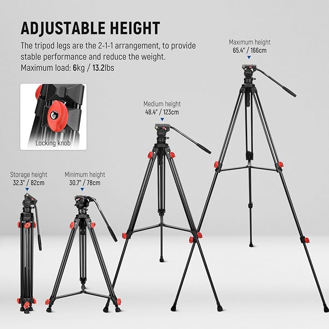 NEEWER Video Camera Tripod Fluid Head, Heavy Duty Lightweight Compact Portable Travel Stand for DSLR Camcorder Compatible with DJI Gimbals Compatible with Manfrotto QR Plates, Max Load 13.2 lbs, TP73