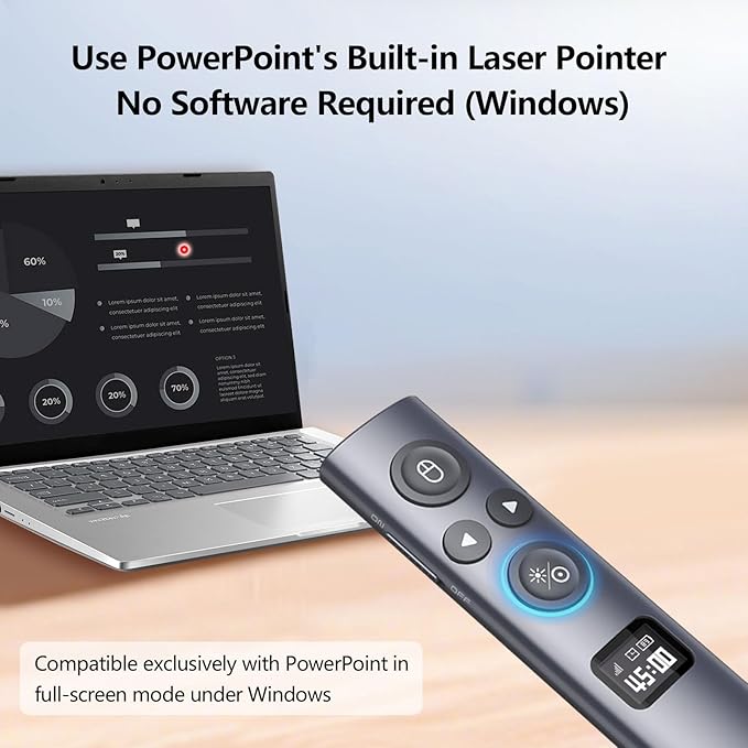 Norwii N95s BLE Presentation Clicker with Digital Pointer for PowerPoint Presentation on TV Screen and Projection Screen, Wireless Presenter Remote with Countdown Timer (Green Light-USB-A)