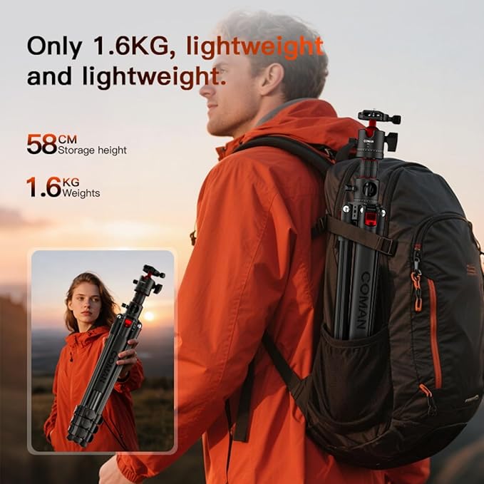 COMAN 72" Overhead Tripod, Camera Tripod with Center Column and 360 Degree Ball Head, Detachable Monopod with Arca QR Plate, Horizontal Tripod for Camera, DSLR, Max Load 5KG