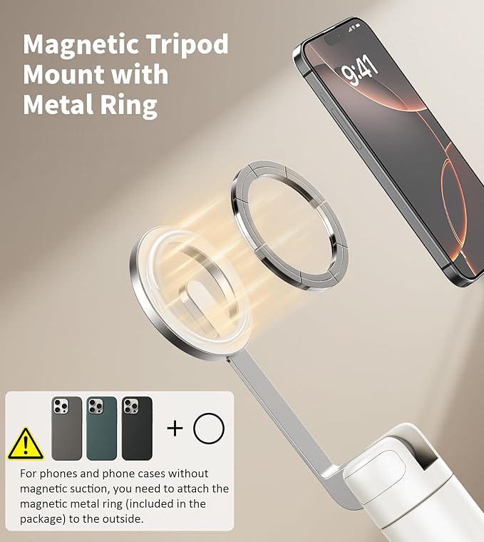 TONEOF 68" Magnetic Selfie Stick Tripod with Aluminum Strong Magnetic Holder for Magsafe, 360° Rotatable Travel Phone Tripod Stand with Metal Ring & Rechargeable Remote for iPhone/Android(Beige Gray)