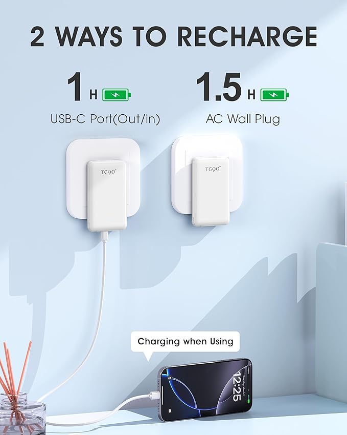 TG90° Portable Charger with AC Plug and Cables,5000mAh Slim Power Bank USB C Battery Pack,3 Outputs USB-C Fast Charging, Pocket Friendly Battery Travel Charger Compatible with iPhone Android Devices