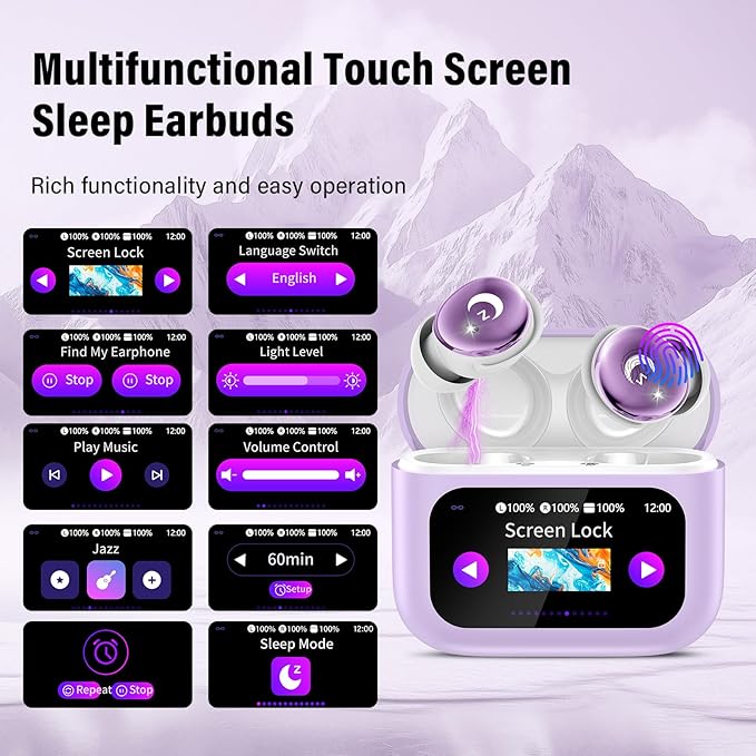 Sleep Earbuds Bluetooth 5.4 Smart Touch Screen in Ear Ear Buds, 48H Mini Sleep Headphones Small Design for Side Sleepers, Clear Calls, 5 EQ Modes, IPX7 Waterproof Earphones, Light Purple Earbuds