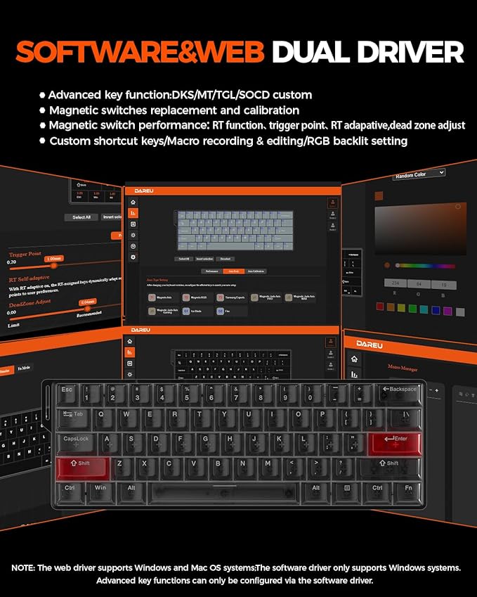 DAREU COOL60 60% Hall Effect Gaming Keyboard with Magnetic Switch, SOCD, 0.01mm Actuation Adjustable Rapid Trigger,8000 Hz Polling, Frosted Transparent Keycaps, Hot-swap, RGB Backlit