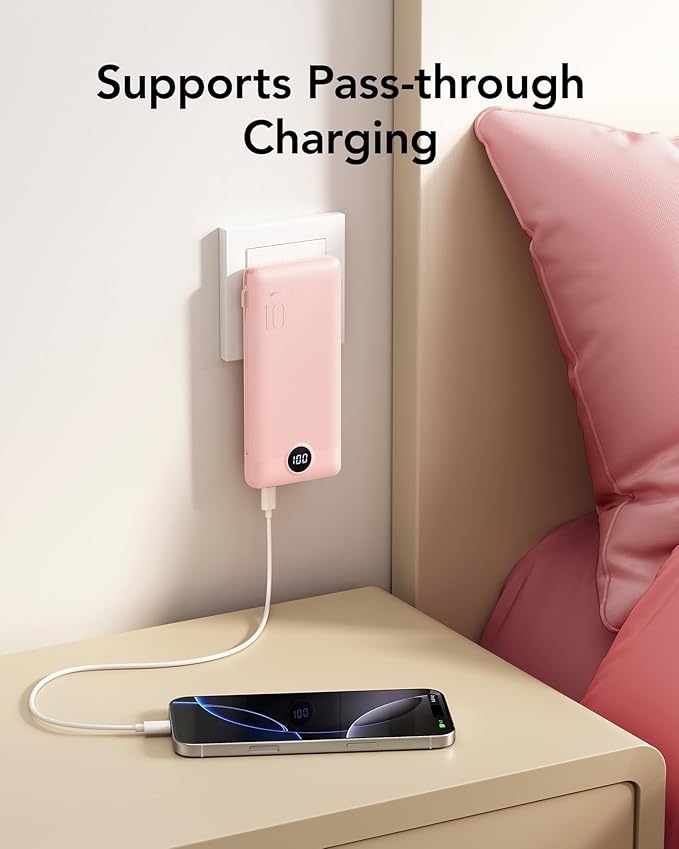 VRURC Portable Charger Power Bank with Wall Plug, 10000mAh Portable Charger with Built in Cables, PD 20W Fast Charging Portable Charger with Cords External Charger Travel Accessories-Pink(1 Pack)