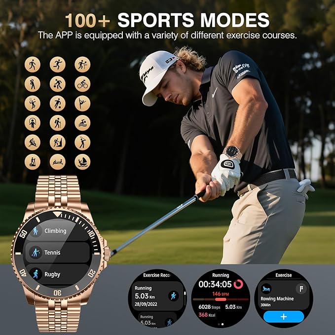 2025 DA GPT Smart Watch, Deep Search, Heart Rate, Blood Pressure, Blood Oxygen, Sleep Monitor, 107 Sports Modes, Waterproof Round Watch, 1.19-inch AMOLED Display, Compatible Android and iOS Gold Metal