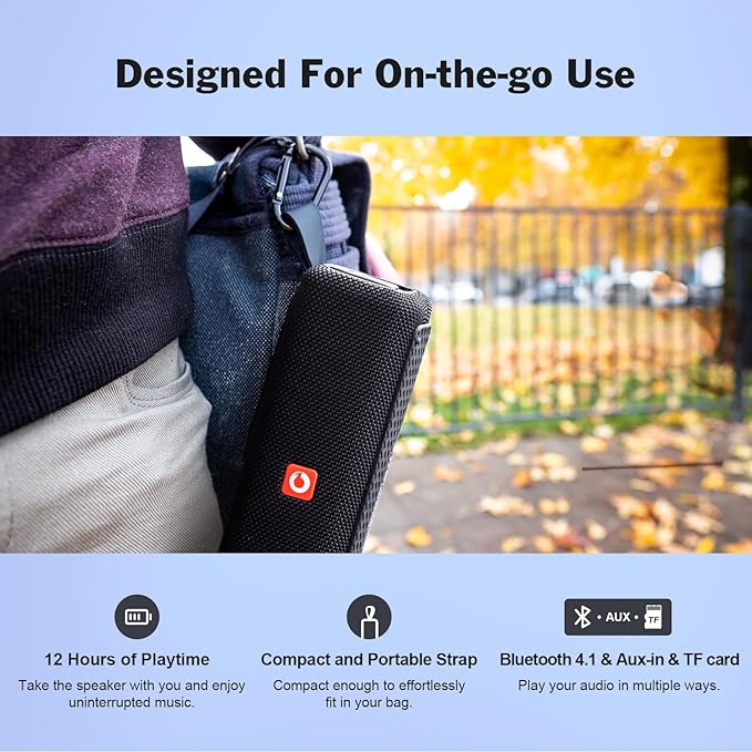 DOSS Bluetooth Speaker, E-go II Portable Speaker with 12W Superior Sound and Loud Bass, IPX6 Waterproof, Built-in Mic, 12H Playtime, Waterproof Speaker for Pool, Beach, Outdoor, and Travel - Grey