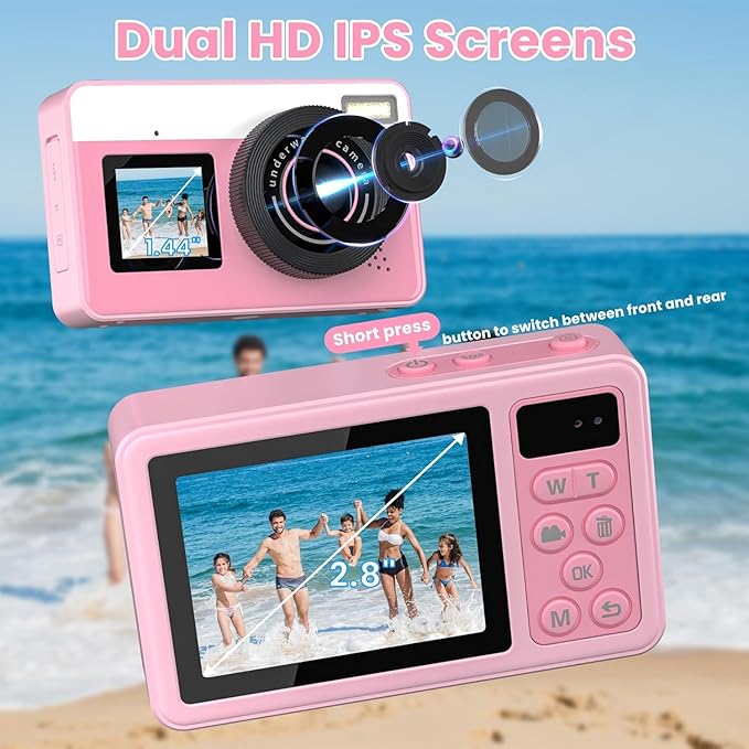 4K Digital Camera Waterproof, Point and Shoot Cameras for Photography, 10FT Underwater Camera with Dual Screens,18X Digital Zoom, 32GB TF Card, Selfie Cameras for Teens Beginners Girls Boys Kids(Pink)