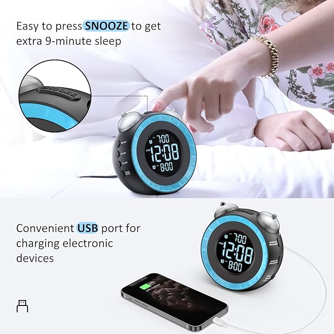 uscce Loud Dual Alarm Clock with Bed Shaker - 0-100% Dimmer, Vibrating Alarm Clock for Heavy Sleepers or Hearing Impaired, Easy to Set, USB Charging Port, Snooze, Battery Backup (Blue)
