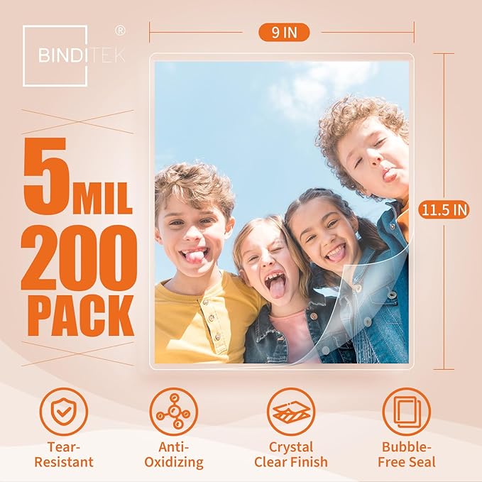 Binditek 200 Pack 5 Mil Thermal Laminating Pouches, 9x11.5 Inches Laminating Sheets, for Letter Size, Ultra Clear, Glossy, Hold 8.5x11 Inches, Heat Seal, School Office Supplies