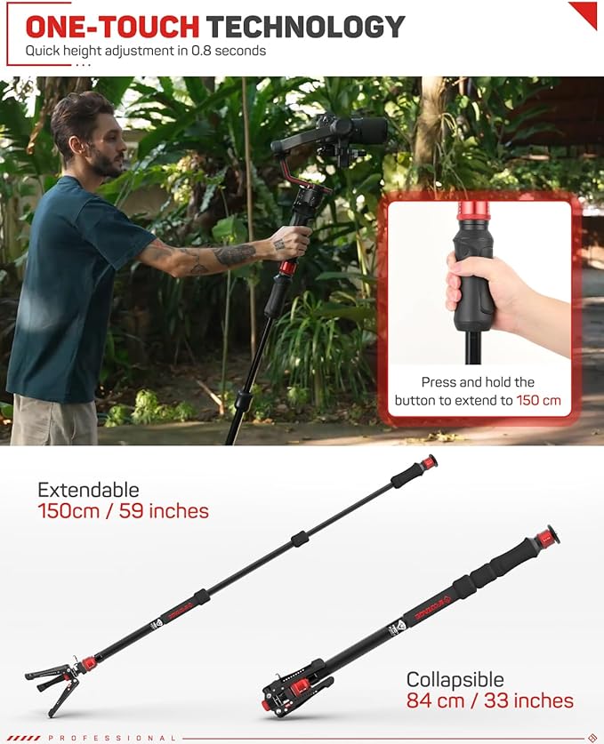 IFOOTAGE Cobra 3 Strike A150S- Camera Monopod With Feet, One-Touch Lifting Aluminum Video With Removable Tripod Base, Payload 11lb 60"/150cm, Ergonomic Design & Pedal Locking System