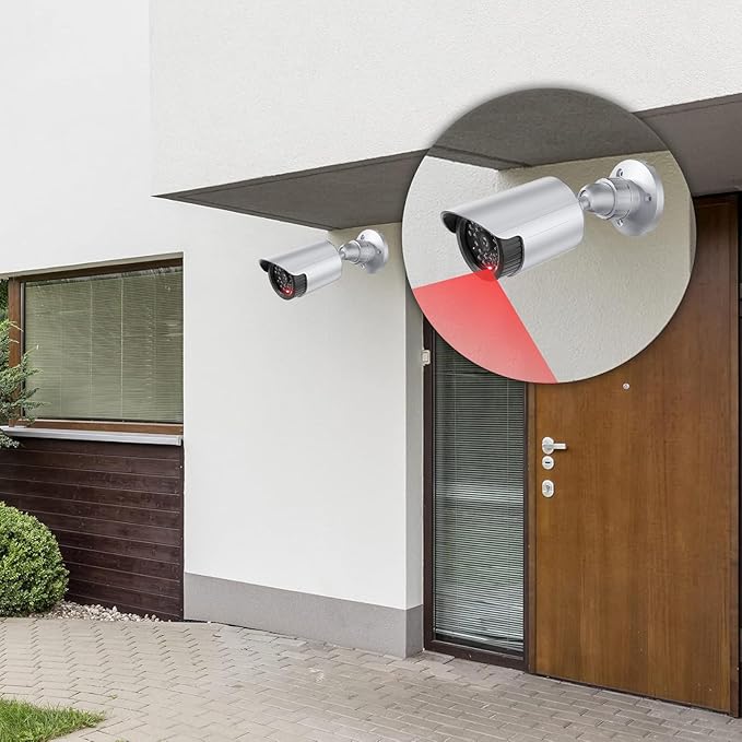 WALI Dummy Fake Simulated Surveillance Security CCTV Dome Camera Indoor Outdoor with One LED Light, Warning Security Alert Sticker Decal (TC-S8), 8 Packs, Silver