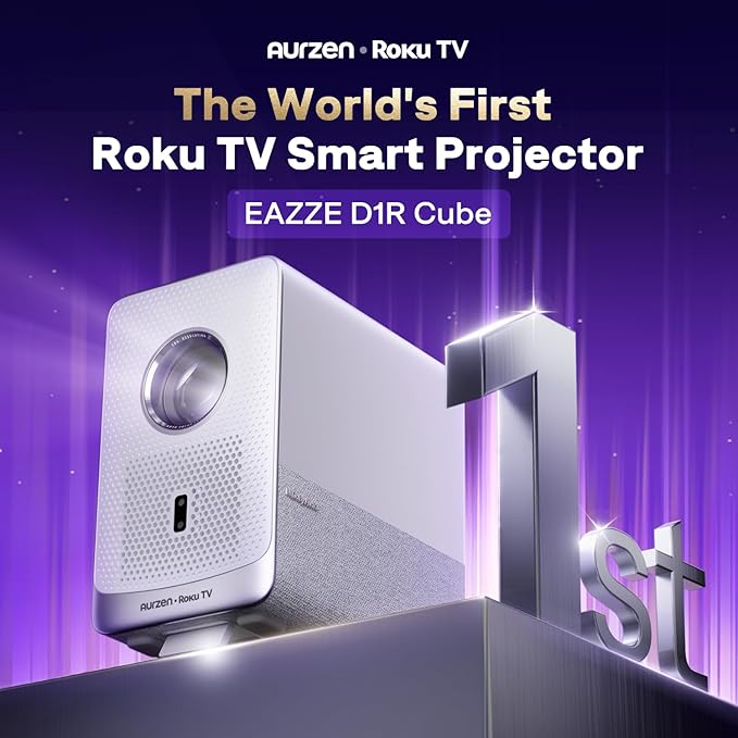 Aurzen Roku TV Smart Projector with Wifi and Bluetooth, D1R Cube Roku Streaming Experience Built-in, Sealed Optical Engine, 1080P FHD, Dolby Audio, Portable Mini Projector for Home/Outdoor Movies