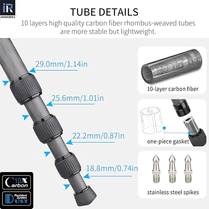 Carbon Fiber Tripod-RT75CM Super Professional Tripod Monopod Heavy Duty Compact Stand Support with 44mm/1.73in Low Gravity Center 360°Panoramic ballhead for Digital DSLR Camera, max Load 20kg/44lb