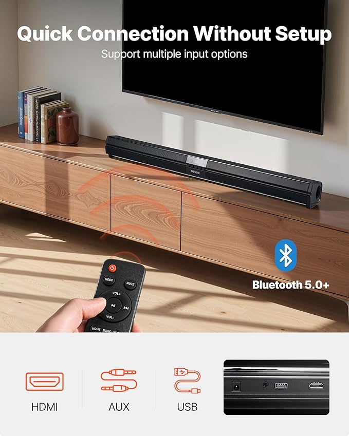 VEVOR Sound Bar for Smart TV, 2.0 Channel, 32-Inch Compact Soundbar TV Speakers for Projector, Bluetooth AUX Connection, Remote Control, Easy Setup, 80W Surround Sound System for PC Home Theater Audio