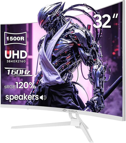 CRUA 32" Curved Gaming Monitor, 144Hz/160Hz 4K UHD(3840 * 2160P) 1500R VA Screen, Supports AMD Freesync, 120% sRGB, Built-in Speakers, RGB Lighting, Wall Mountable Installs(HDMI 2.1/DP 1.4)-White
