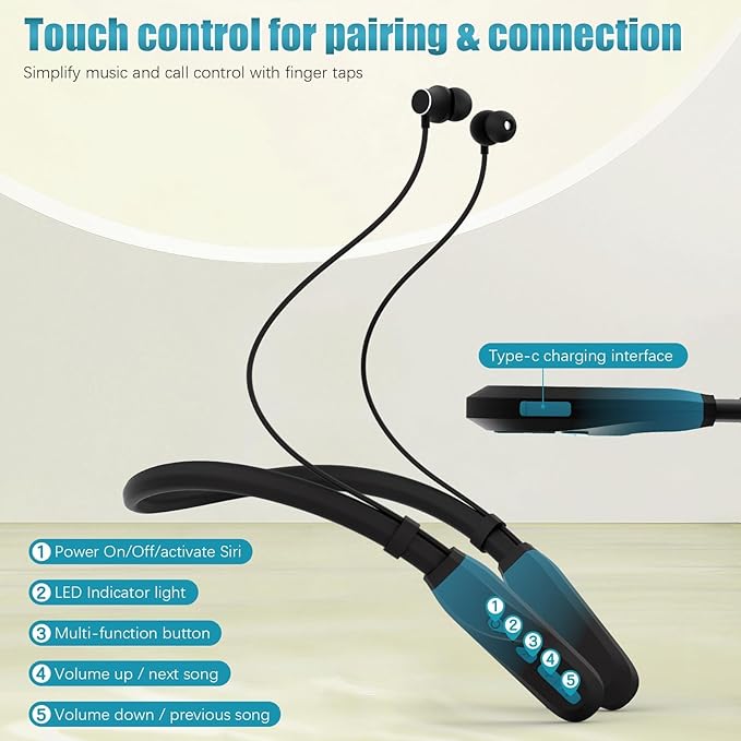 Neckband Bluetooth Headphones, 200H Extra Long Playtime Wireless Stereo Neckband Earbuds with Microphone, Waterproof Balanced Armature Drivers in Ear Headset for Sports/Workout (Cyan Green)