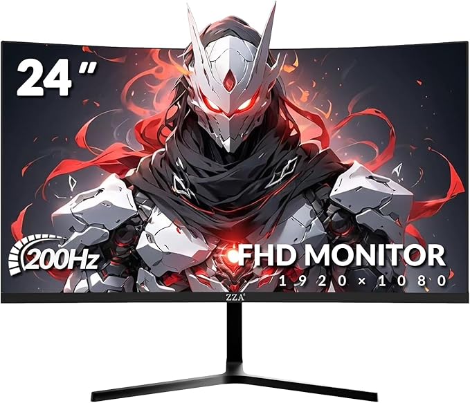 ZZA 24 Inch Curved Monitor, FHD 1920×1080P 200Hz, 120% sRGB, Ultra-Thin Bezel Design, Low Blue Light & Flicker-Free, Computer Monitor for Home, Office, Gaming (HDMI, VGA)-Black