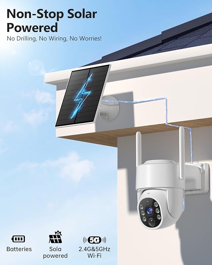 2K Security Cameras Wireless Outdoor, 5G WiFi Cameras for Home Security, 360° PTZ Solar/Battery Powered Outside Cam, 2 Way Talk, Color Night Vision, AI Human Detection for Porch/Garage/Yard