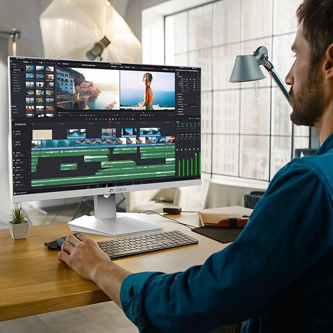 CRUA 27" 4K White Monitor, UHD(3840x2160P) IPS Panel, 60Hz Computer Monitor, Supports AMD Freesync, USB Type-C, 120% sRGB, Built-in Speakers, Wall Mountable, for Work, Streaming, and Home Office