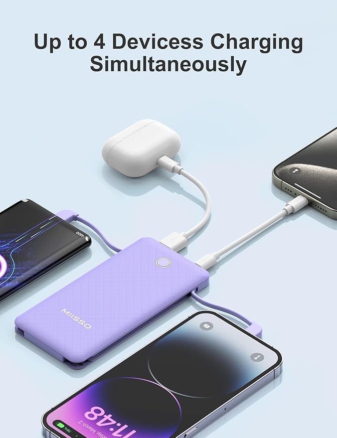 miisso 10000mAh Slim Portable Charger with Built in Cable, Power Bank Travel Charger External Battery Pack for Phone, 4 Output USB Type C Cord Clutch Charger Compatible with iPhone, Purple