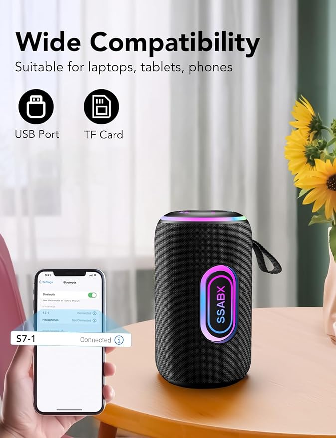 Portable Bluetooth Speaker, Bluetooth 5.4 Speaker, 30W Dual Speaker, 2.0 Channel, Deep Bass, 30H Playtime, Colorful RGB Lights, IPX7 Waterproof, TWS pairing for Outdoor/Home/Party/Travel, Gift Ideas