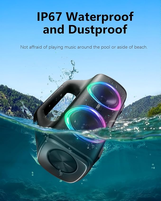 Speakers, 80w (Peak) Portable Wireless Speaker with Lights, Stereo Loud Sound, IP67 Waterproof, Deep Bass Outdoor Speakers Bluetooth 5.0 Dual Pairing for Home Party Beach Camping, Gifts