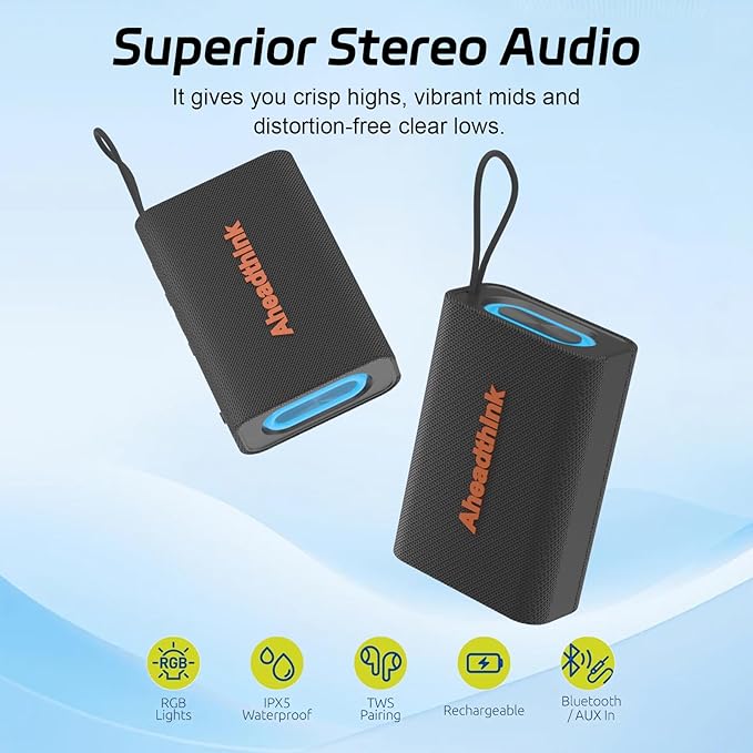 Bluetooth Speaker, Portable Wireless, IPX5 Waterproof, Bluetooth 5, RGB Color Lights, Loud Stereo Sound, Bass, TWS Pairing, for Party, Home, Outdoor, Traveling