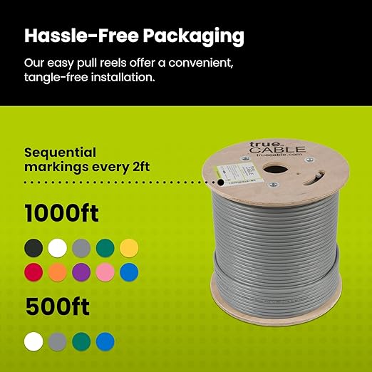 TRUE CABLE Cat6 Shielded Riser (CMR) Bulk Ethernet Cable, 500ft, Gray, 23AWG Solid Bare Copper, 550MHz, Overall Aluminum Foil Shield (F/UTP), PoE++ 100W, ETL Listed