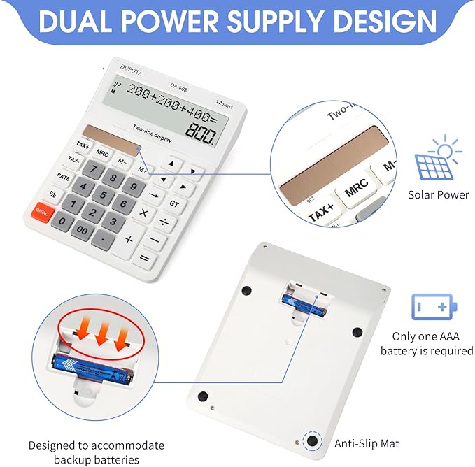 Desktop Calculator Large Display Big Buttons with 12 Digits 2-line LCD, Dual Solar Power and Battery, Calculator with Tax and Check Function for Office, Home, School and Business Large Size（OA-608）